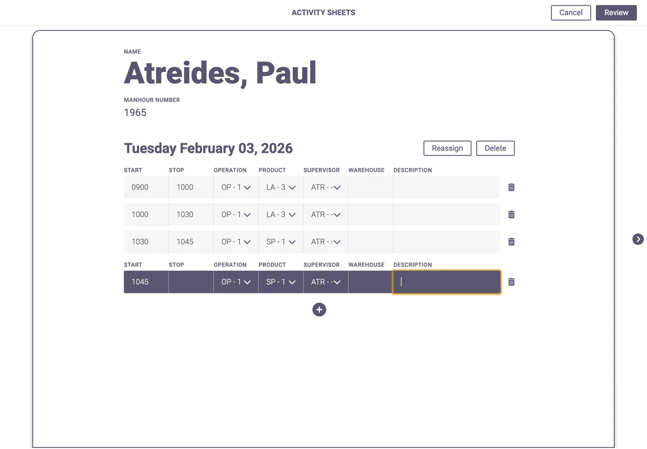 Activity sheets interface for daily tasks