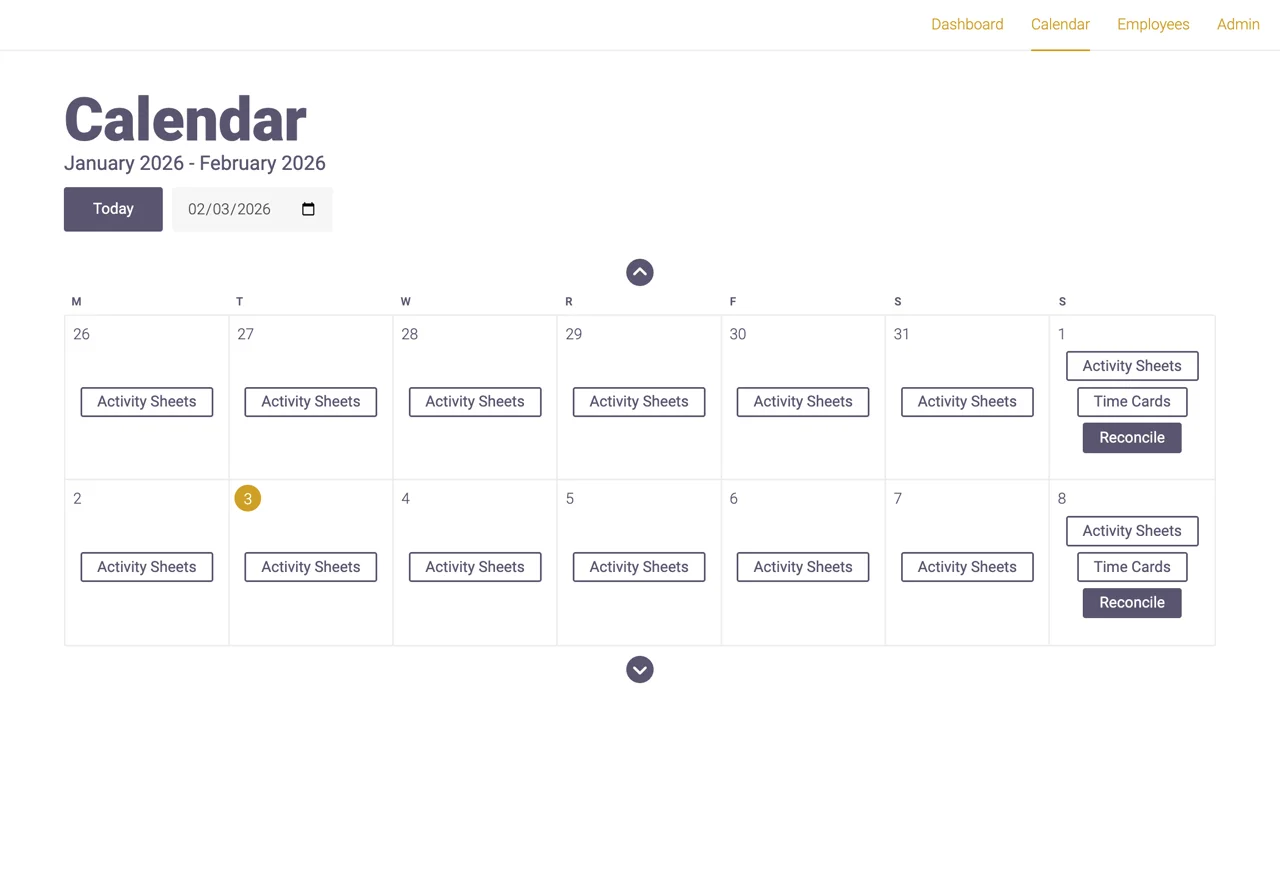 Monthly calendar overview highlighting reconciliation tasks