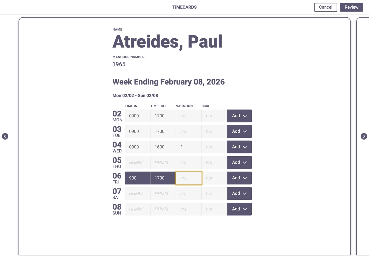 Timecards interface for employee time entries